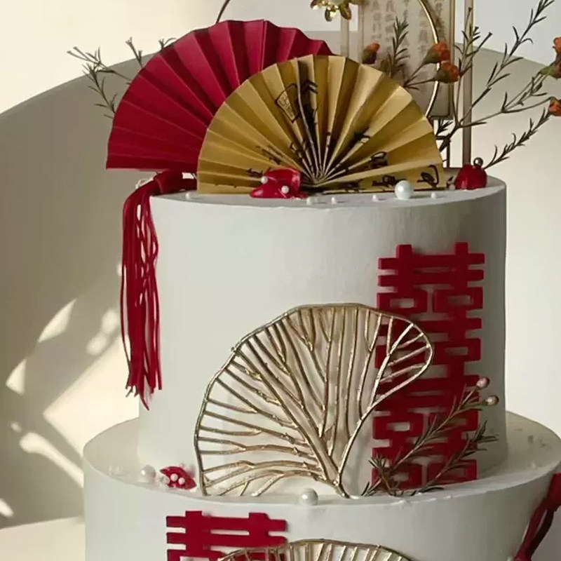 新中式结婚蛋糕摆件木质屏风文字结婚订婚金色银杏叶蛋糕装饰插件