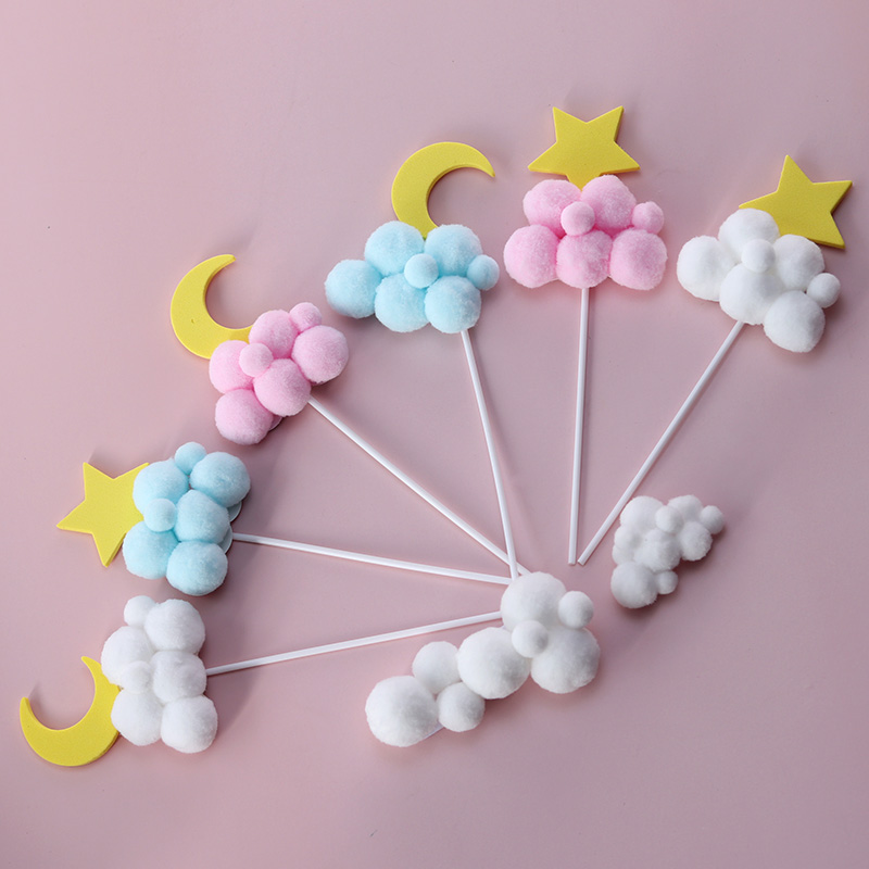 蛋糕烘焙装饰星星月亮毛球云朵可爱网红儿童生日甜品台派对插牌 - 图0