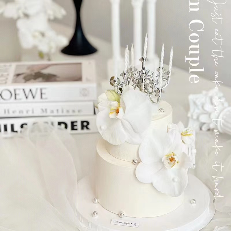 网红情人节蛋糕装饰白色蝴蝶兰仿真花女神生日快乐蛋糕插牌插件