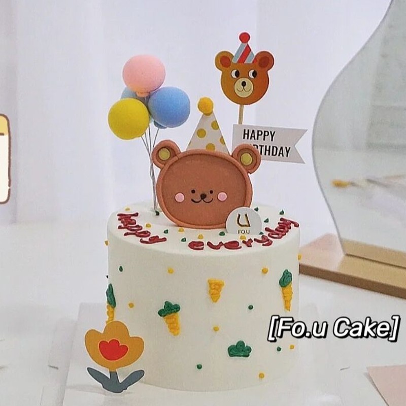 网红韩国小熊软陶插件烘焙蛋糕装饰品围边贴纸气球生日甜品台摆件 - 图1
