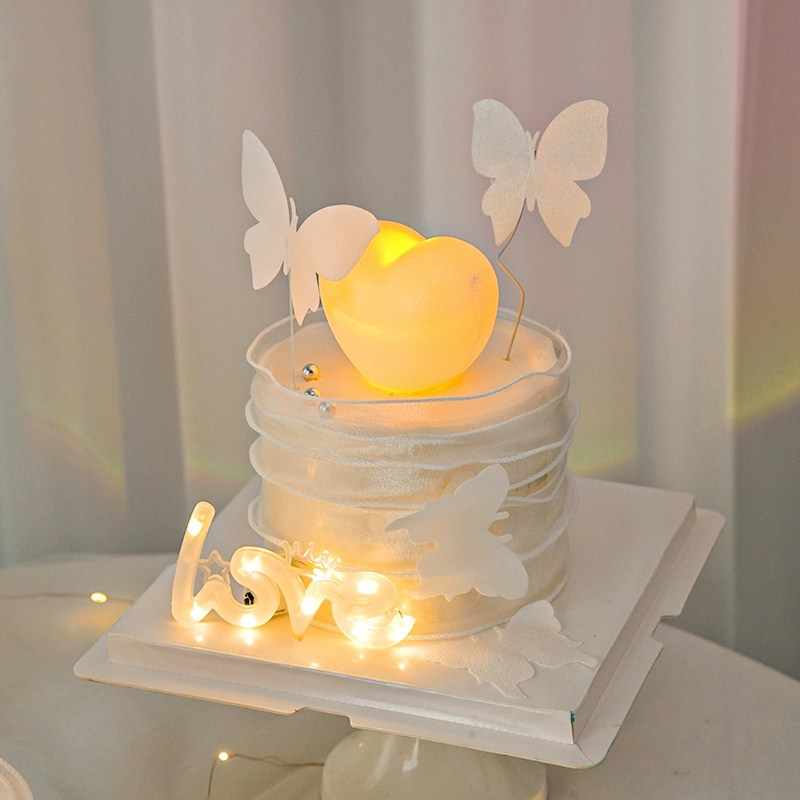 2024情人节蛋糕装饰发光爱心love灯摆件网红2.14情侣生日蝴蝶插件