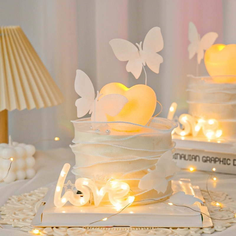 2024情人节蛋糕装饰发光爱心love灯摆件网红2.14情侣生日蝴蝶插件