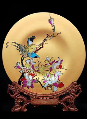 晶化玻璃线雕彩绘双立鸟赏盘商务外事旅游新年礼品新居高档摆设