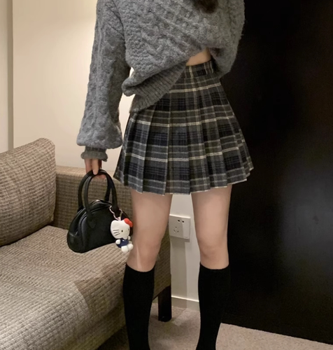 复古咖色格子半身裙秋冬大码毛呢百褶裙遮肚子防走光包臀a字短裙 - 图0