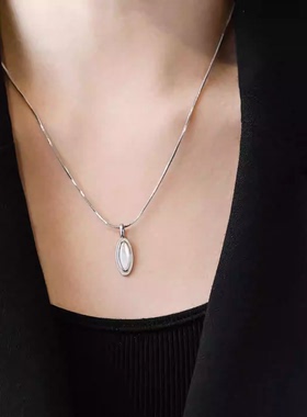 ins银色椭圆白贝母吊坠颈链