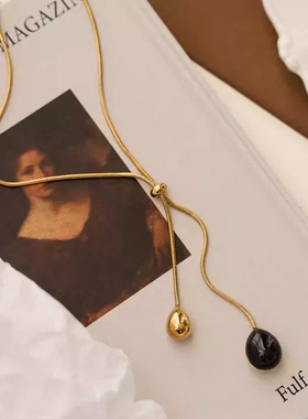 小众设计水滴抽拉黑色长款项链