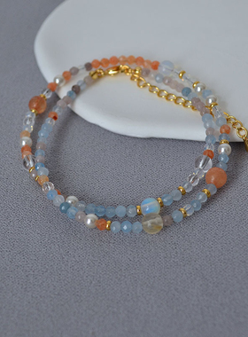 法式复古小众设计时尚蓝色桔色半宝石月光蛋白串珠项链锁骨链女