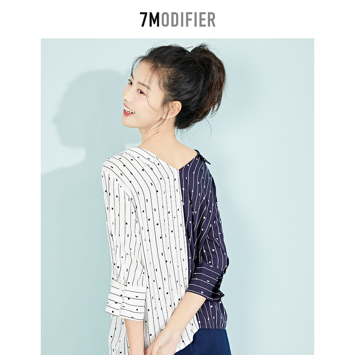 7m2020夏季百搭拼接七分袖条纹衬衫 7modifier衬衫