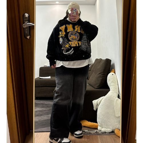 2-300斤胖mm大码女装渐变加绒加厚高腰牛仔裤秋冬新款宽松阔腿裤 - 图0