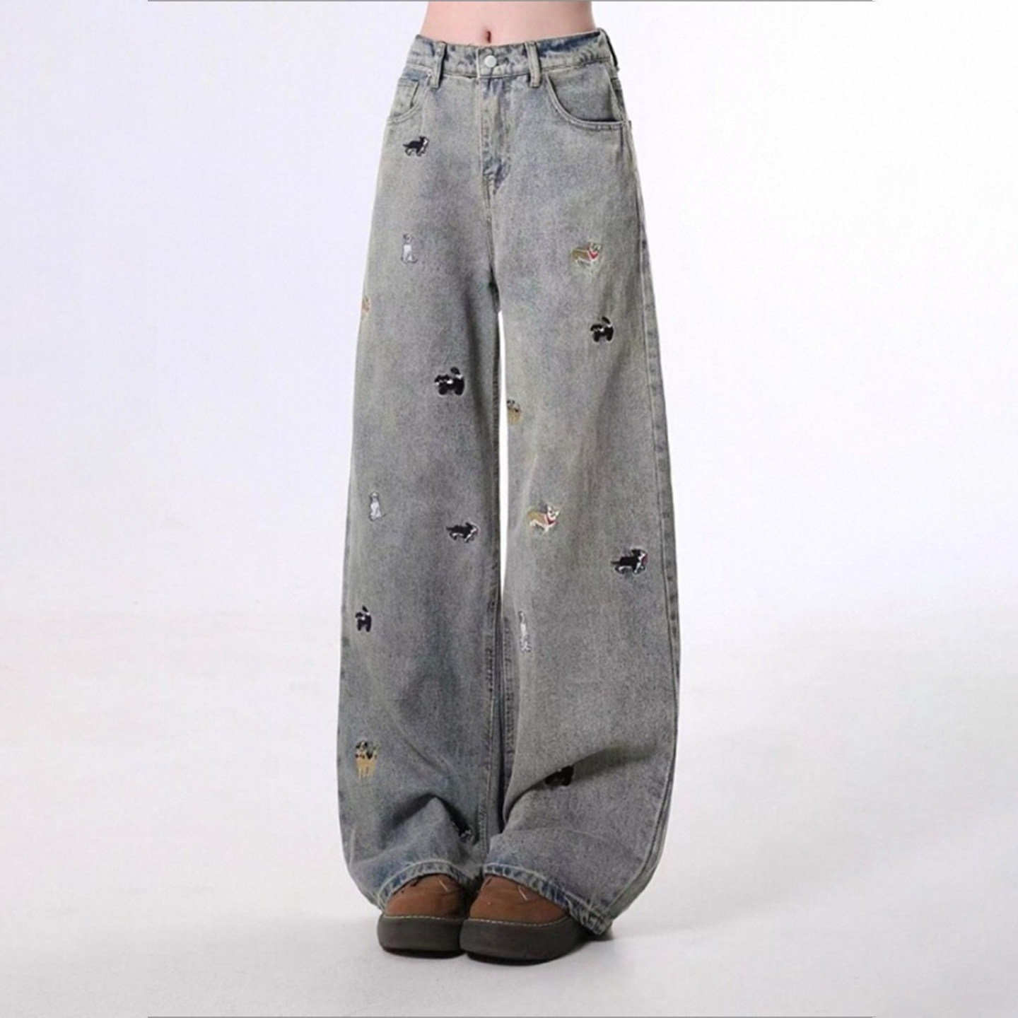 特大码女装胖mm美式复古刺绣黑色牛仔裤女高腰显瘦直筒阔腿裤子潮,淘宝优惠券,粉丝福利购,淘宝优惠卷