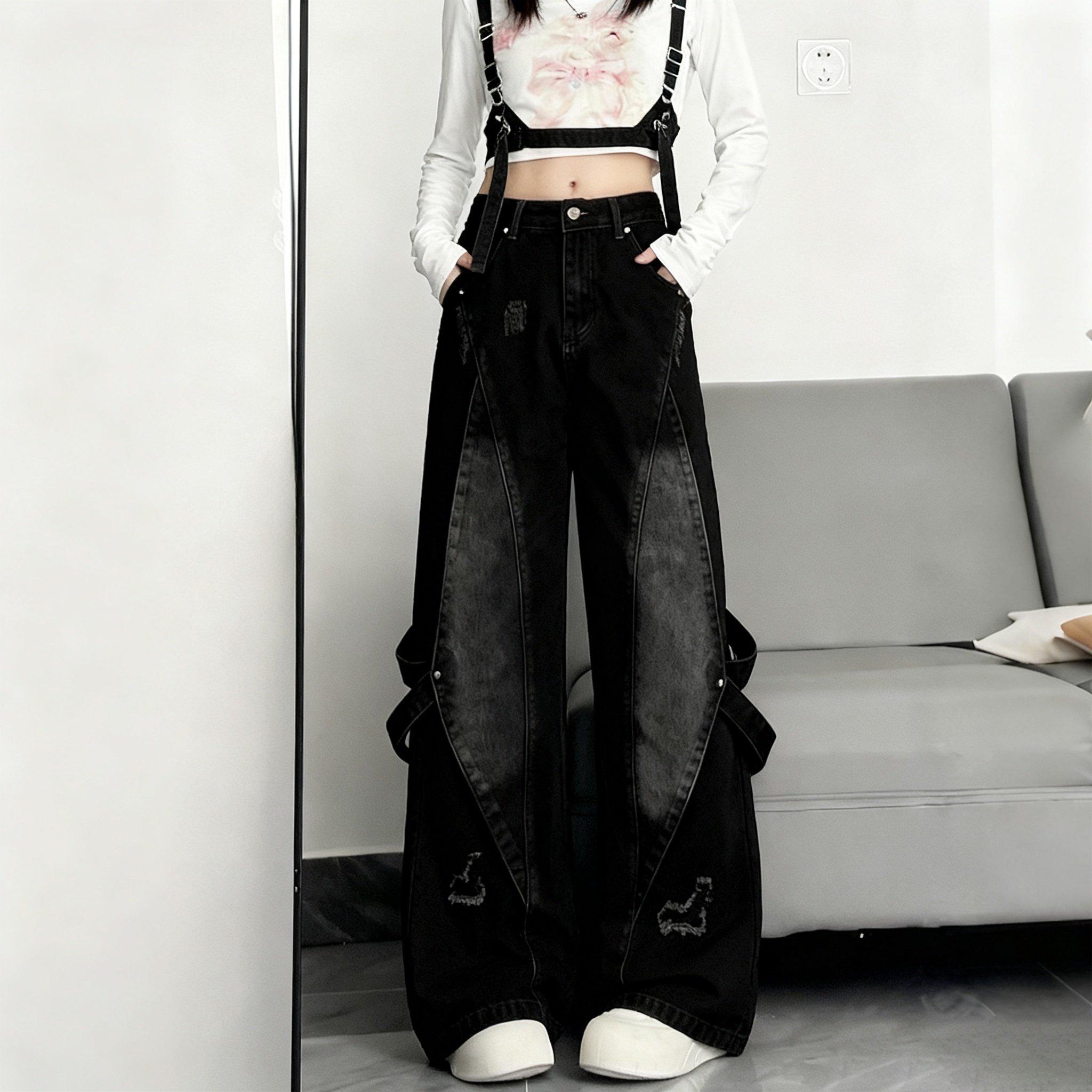 特大码女装胖mm复古水洗做旧拼接牛仔裤女高腰显瘦高街风阔腿长裤,淘宝优惠券,粉丝福利购,淘宝优惠卷
