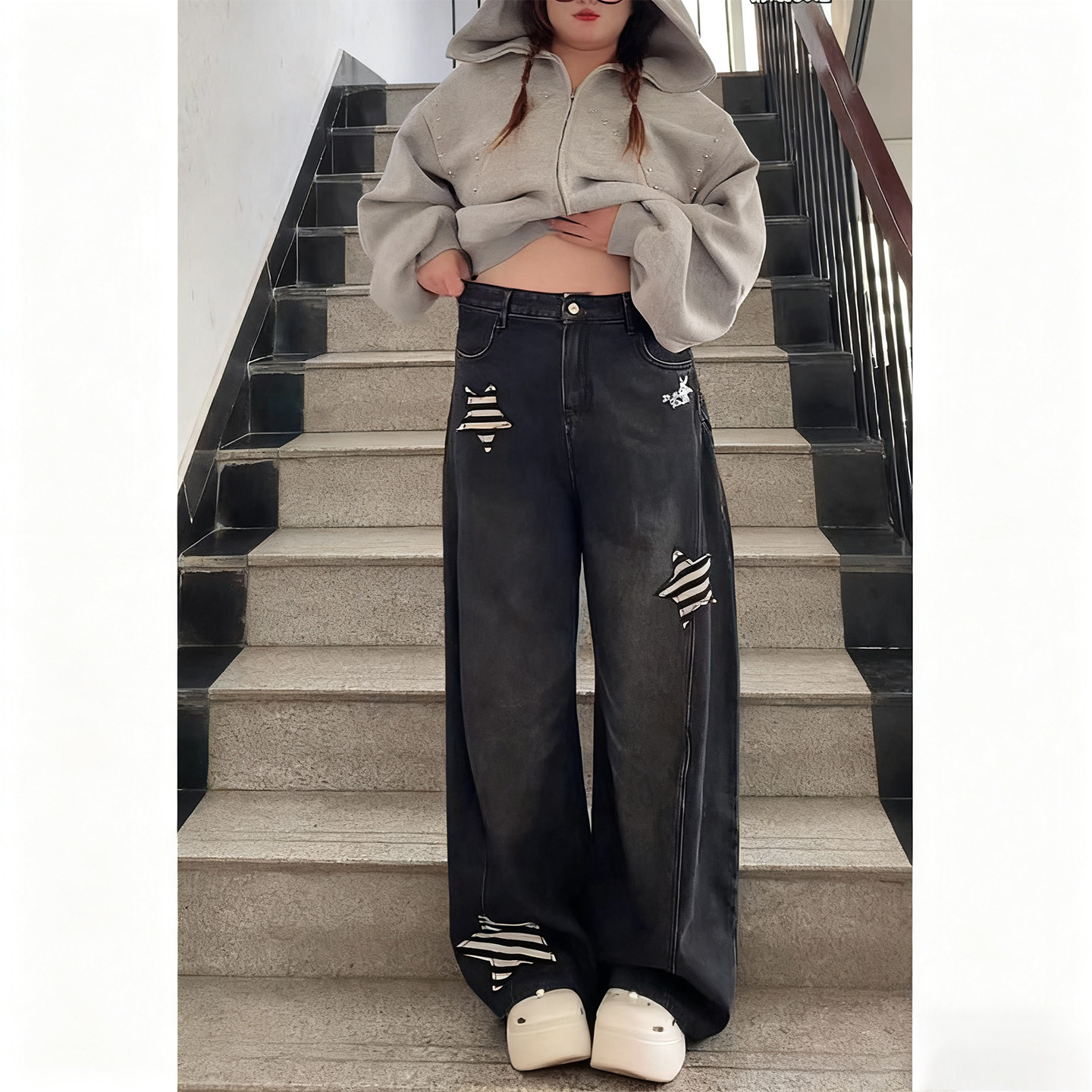 特大码女装梨型身材复古星星刺绣牛仔裤女胖mm高腰显瘦阔腿长裤潮,淘宝优惠券,粉丝福利购,淘宝优惠卷