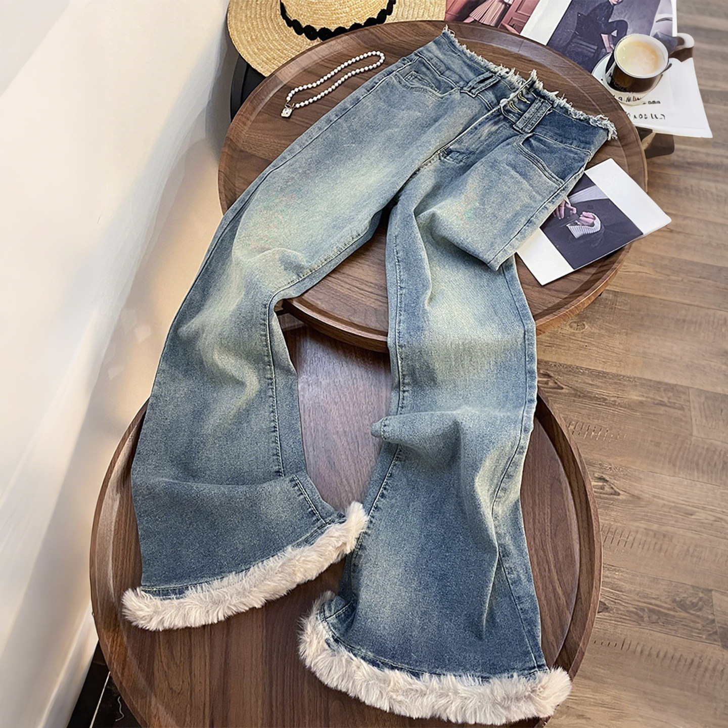 特大码女装胖mm复古加绒加厚牛仔裤女高腰显瘦设计感阔腿喇叭裤潮,淘宝优惠券,粉丝福利购,淘宝优惠卷