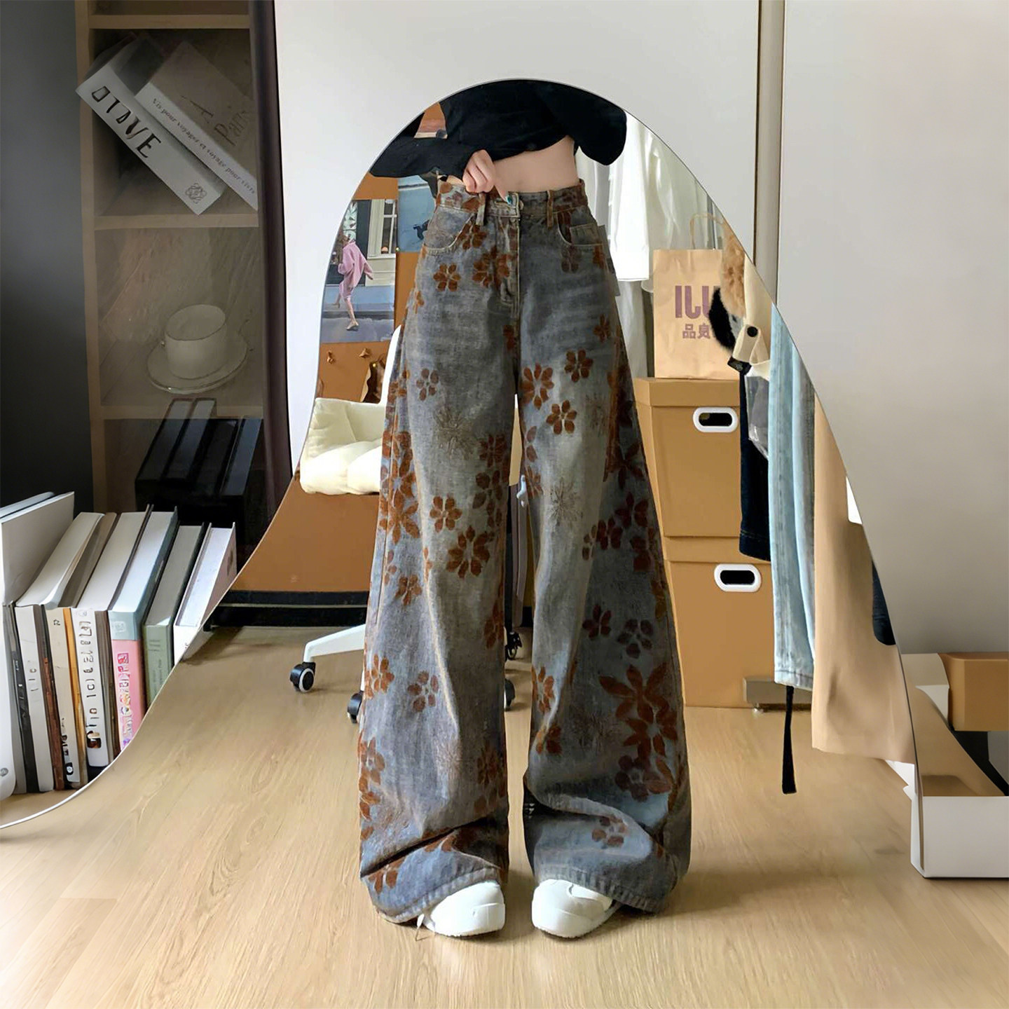 特大码女装胖mm复古设计感印花阔腿牛仔裤女高腰宽松显瘦弯刀裤潮,淘宝优惠券,粉丝福利购,淘宝优惠卷