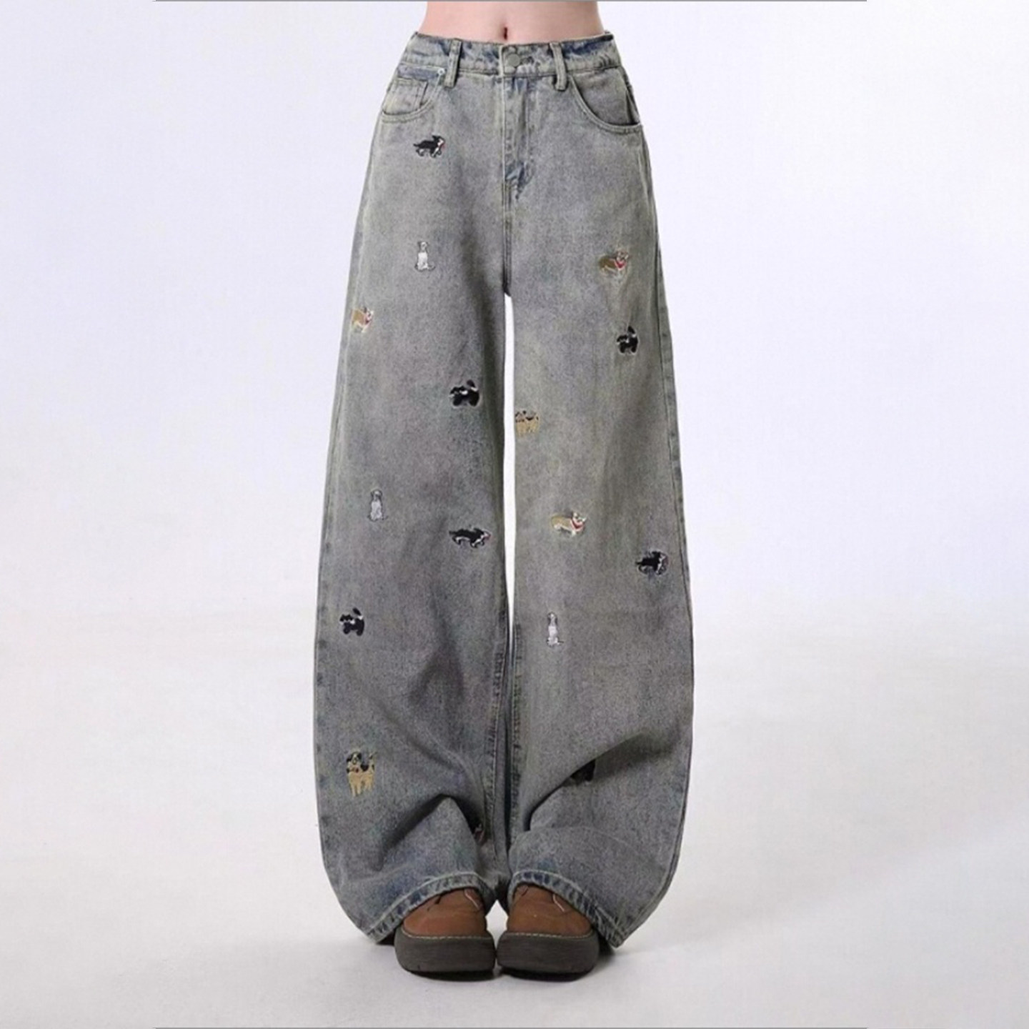 特大码女装胖mm美式复古刺绣黑色牛仔裤女高腰显瘦直筒阔腿裤子潮,淘宝优惠券,粉丝福利购,淘宝优惠卷