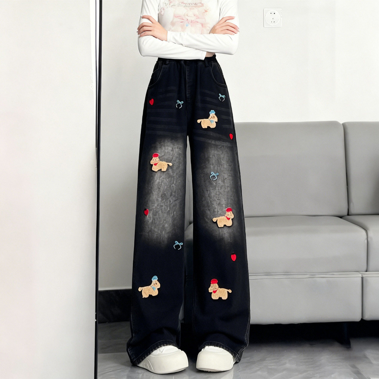 特大码女装胖mm加绒加厚卡通小狗刺绣牛仔裤女高腰显瘦阔腿裤子潮,淘宝优惠券,粉丝福利购,淘宝优惠卷