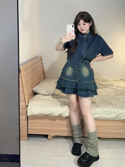 Plus size fat mm sweet and spicy denim top