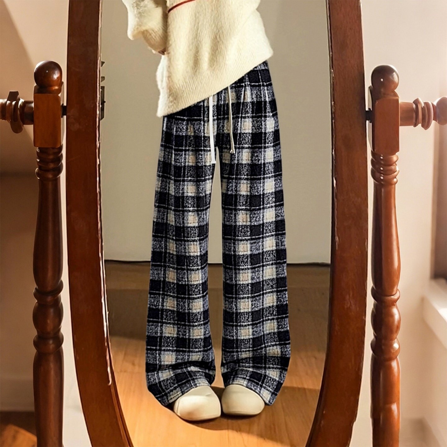 特大码女装胖mm复古格纹阔腿裤女宽松显瘦高腰百搭直筒休闲裤子潮,淘宝优惠券,粉丝福利购,淘宝优惠卷