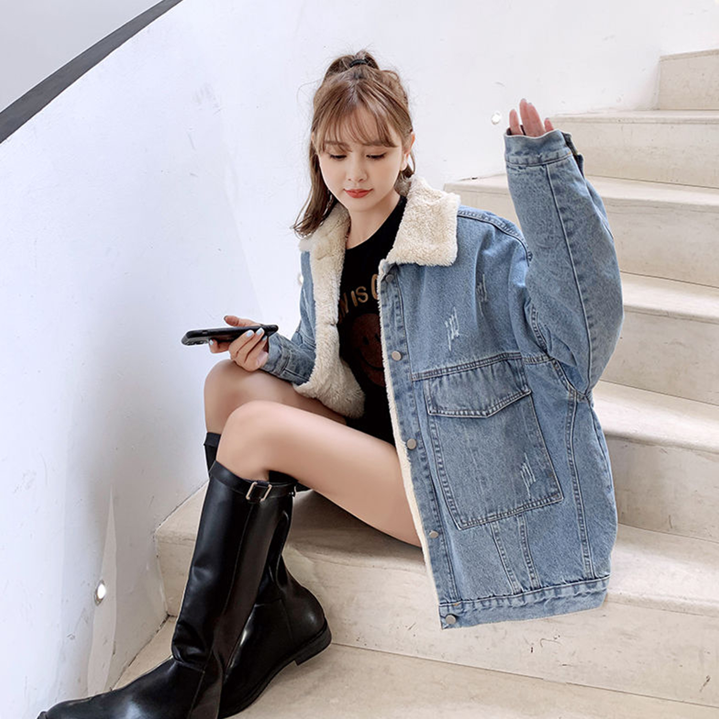 特大码女装胖mm加绒加厚领牛仔外套女宽松显瘦百搭时尚棉服棉衣潮 - 图0