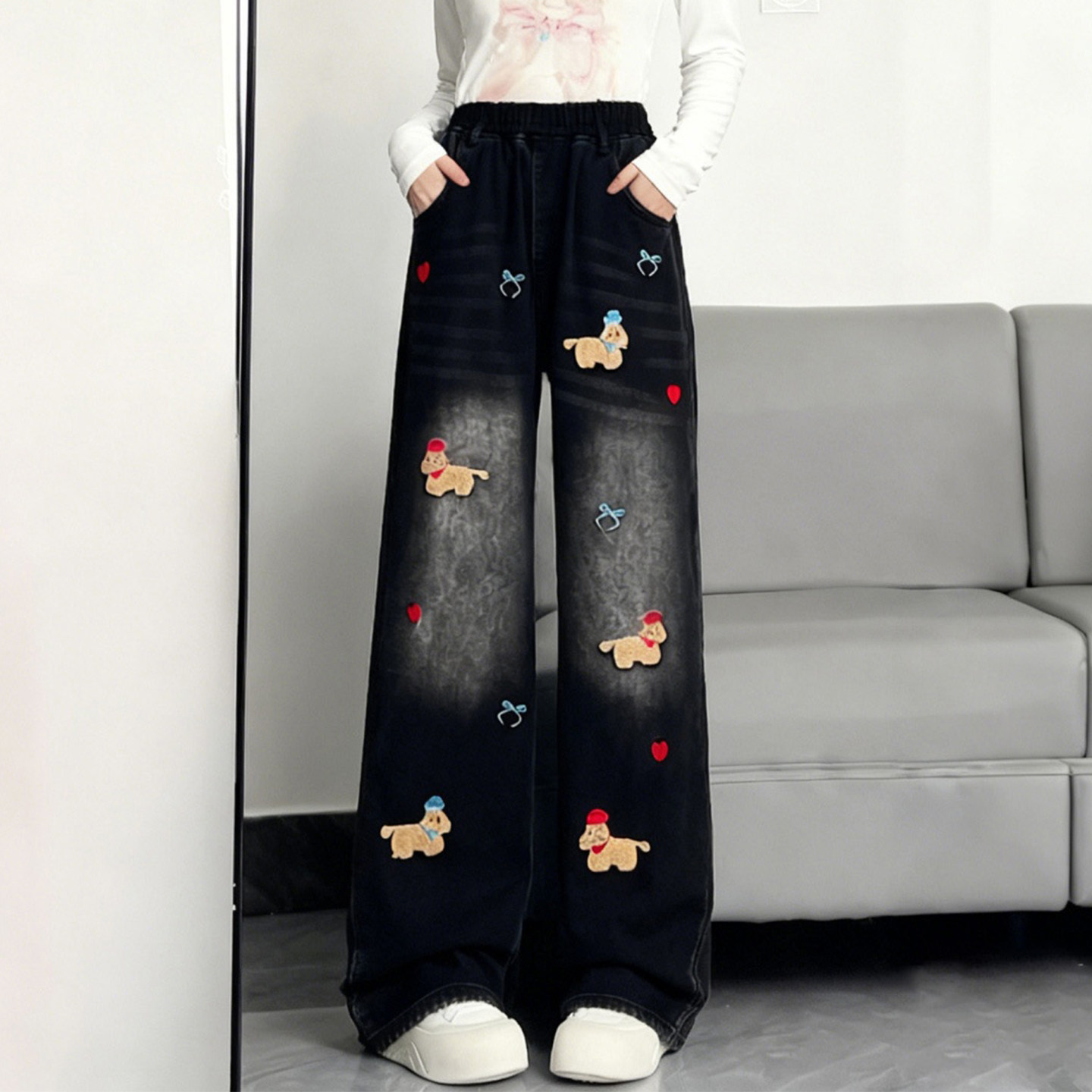 特大码女装胖mm加绒加厚卡通小狗刺绣牛仔裤女高腰显瘦阔腿裤子潮,淘宝优惠券,粉丝福利购,淘宝优惠卷