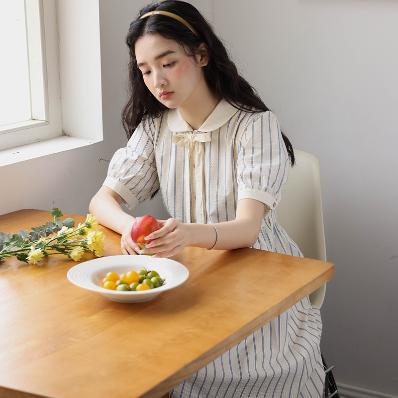 若溯若溯纯棉法式翻领蓝白条纹衬衫连衣裙女夏短袖长裙