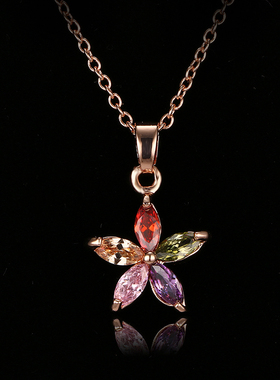 芒果饰品蒙娜丽莎玫瑰金七彩锆石花好月圆高品质圆盘锁骨项链礼品