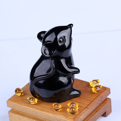 新品天然黑曜石老鼠摆件招财手把件家居客厅生肖装饰桌面工艺品 - 图3