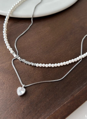 丽银甜美双层碎银珍珠项链女叠戴百搭花生吊坠项链配饰高级感