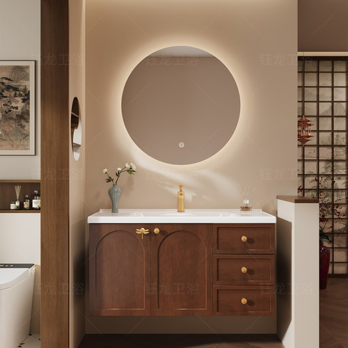 法式橡木胡桃浴室柜组合洗手盆柜洗漱台盆一体陶瓷盆卫浴复古定制 - 图0