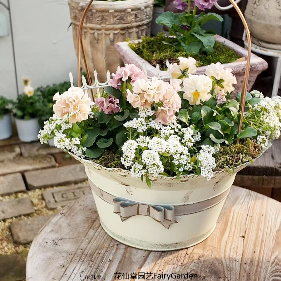 日系ins风复古做旧铁艺蕾丝边蝴蝶结花篮花盆花园阳台装饰品杂货,淘宝优惠券,粉丝福利购,淘宝优惠卷