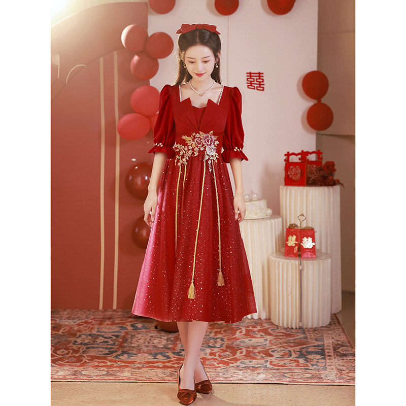 新中式2023新款新娘中国风纱裙酒红 韩兰朵礼服/晚装