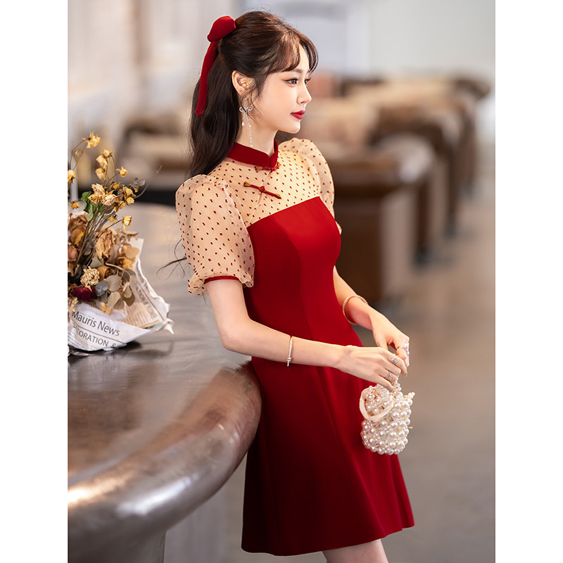 旗袍新娘平时可穿酒红色高级敬酒服 韩兰朵礼服/晚装