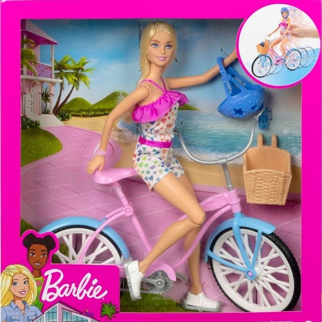 Barbie 芭比 娃娃 自行车套装 金发碧眼彩虹连衣裤 - 图0