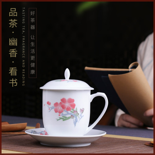 釉下彩手绘陶瓷茶杯毛瓷杯薄带盖中式办公会议杯500毫升单杯礼品 - 图1