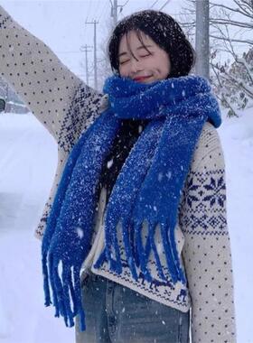 蓝色围巾女秋冬季纯色拍
