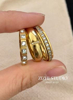 高级感戒指女欧美小众排钻钛钢镶钻多层叠戴指环极简百搭ins风