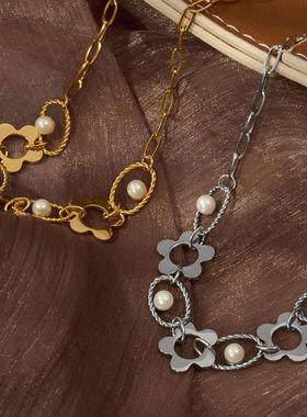 不锈钢法式珍珠项链女复古欧洲锁骨链小众钛钢跨境