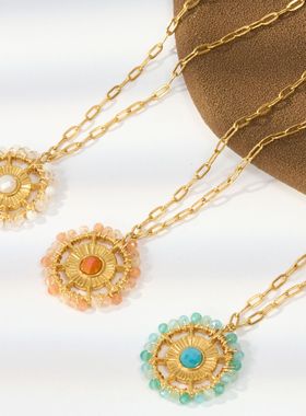 钛钢石头镶嵌项链女跨境不锈钢多色设计感几何造型夸张欧洲