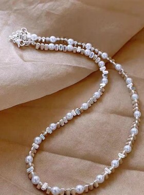 NK-34珍珠三个碎银相间项链小众轻奢女颈链锁骨链网红饰品