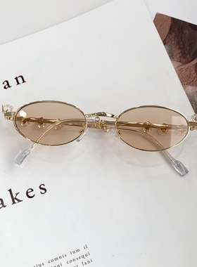 复古椭圆金属茶渐变镶钻装饰墨镜