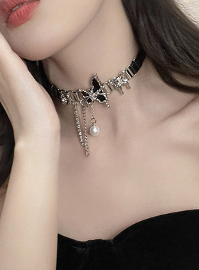 纯欲风暗黑蝴蝶锁骨项链女小众朋克少女摇滚皮质choker项圈批发