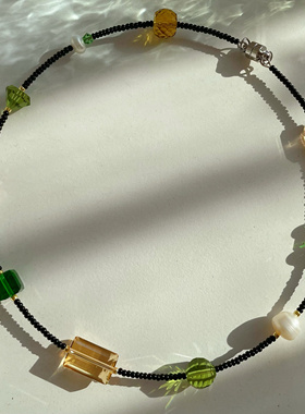 MISSU 彩红糖切面闪闪玻璃珍珠宝石串珠磁吸项圈choker