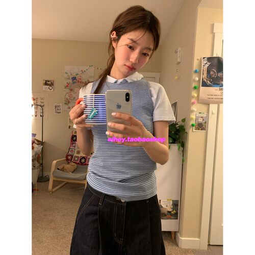 eihey诶嘿夏季薄款简约细条纹休闲百搭宽松显瘦背心女无袖上衣女 - 图1