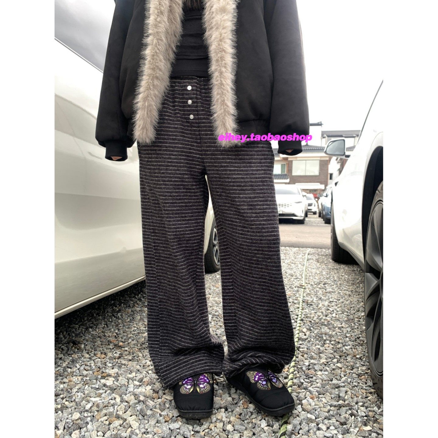 eihey诶嘿秋冬新款松紧腰纽扣设计简约条纹长裤女直筒宽松休闲裤,淘宝优惠券,粉丝福利购,淘宝优惠卷