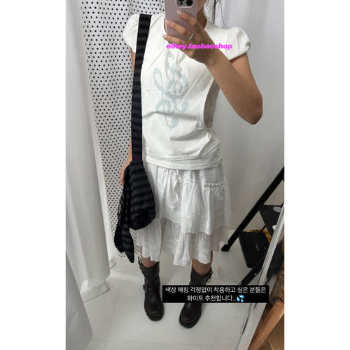 eihey诶嘿2025夏季新品纯色音符印花假两件短袖圆领套头上衣T恤女 - 图0