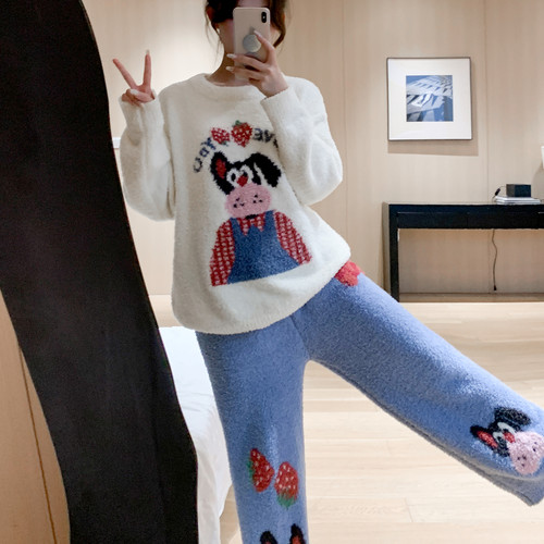 卡通可爱狗狗软绵绵加厚睡衣女冬季长袖套装宽松休闲保暖家居服 - 图1