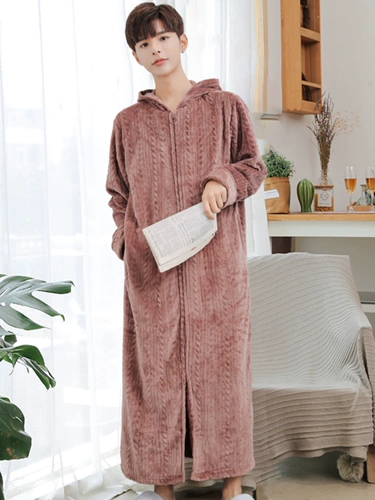 Зимний коралловый бархатный длинный банный халат, фланелевая мужская пижама с капюшоном с молнией для влюбленных, увеличенная толщина, длина макси, большой размер