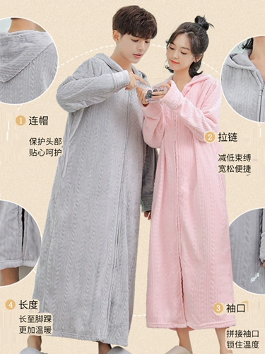 Зимний коралловый бархатный длинный банный халат, фланелевая мужская пижама с капюшоном с молнией для влюбленных, увеличенная толщина, длина макси, большой размер