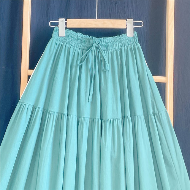 Clearance 30 self-made dark green pure cotton skirt women's spring and summer mid-length skirt A-line umbrella skirt temperament big swing skirt