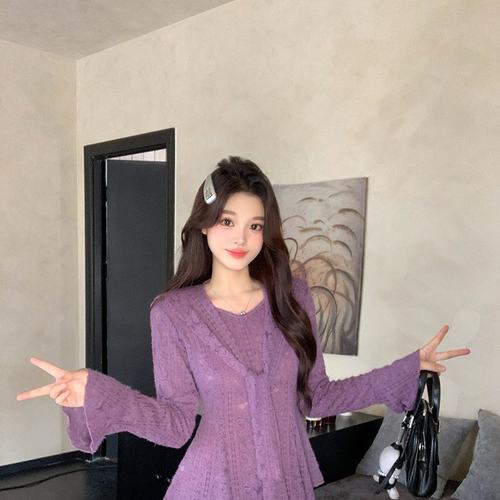 胖小皮2025秋冬新款时尚露思同款蕾丝收腰显瘦遮肉披肩两件套上衣 - 图0